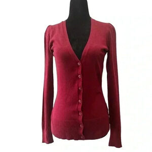 Ricki’s Cardigan  V Neck Button Front Fitted Burgundy Size Small